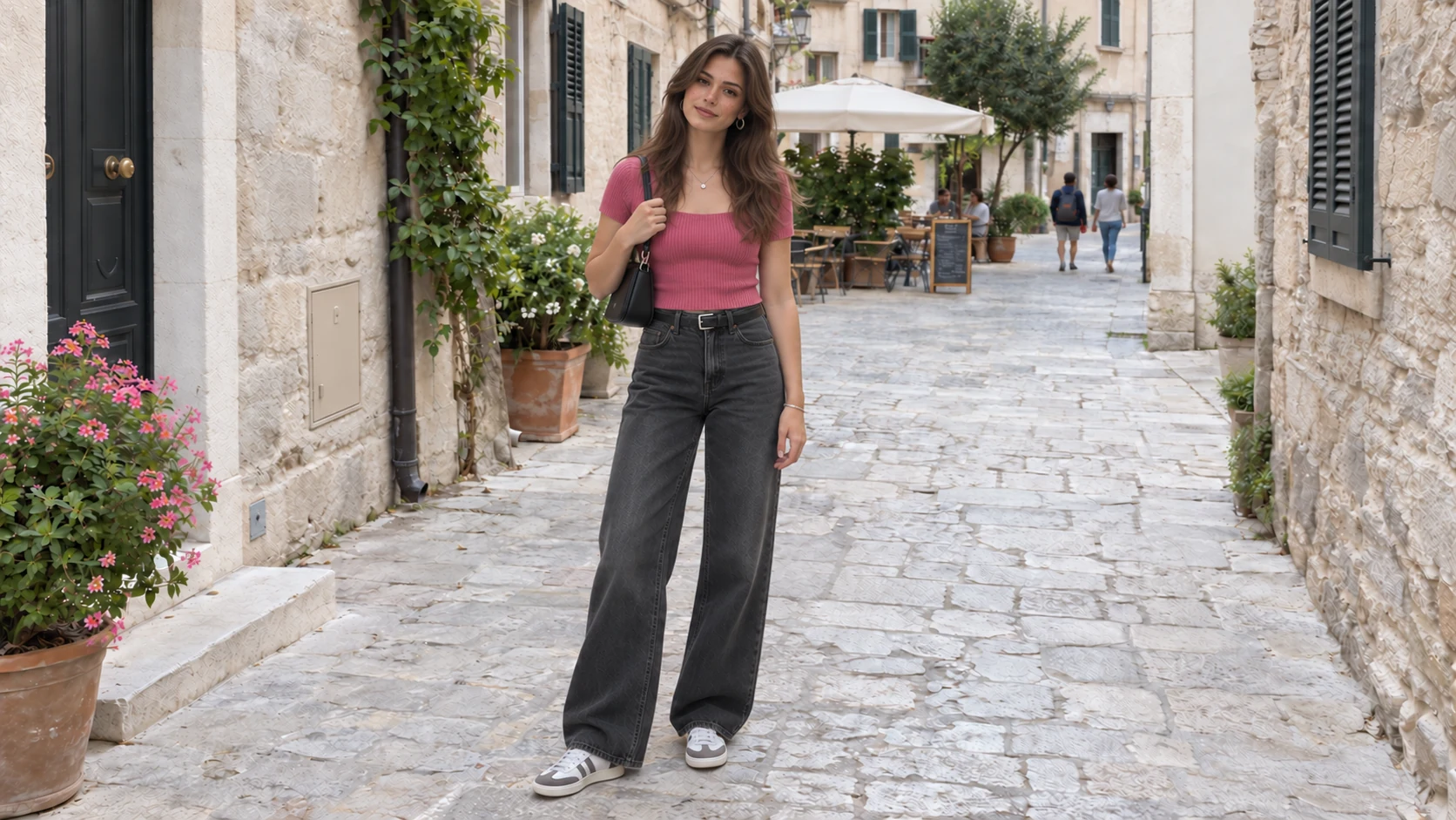 An original woman with long brown hair, a rose-pink top and charcoal jeans on an everyday limestone street.