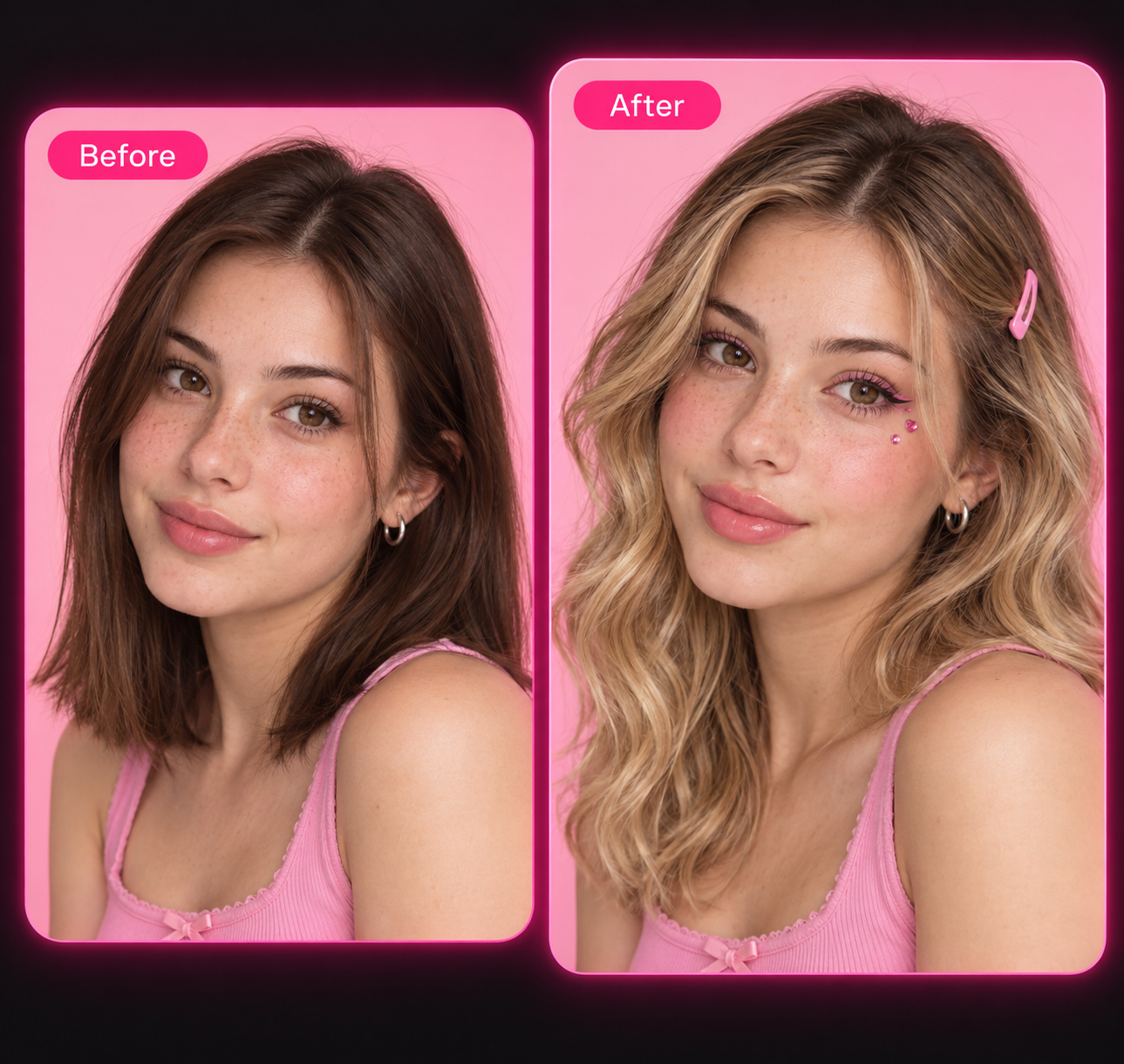 Before and after a portrait edit with a different hairstyle and makeup