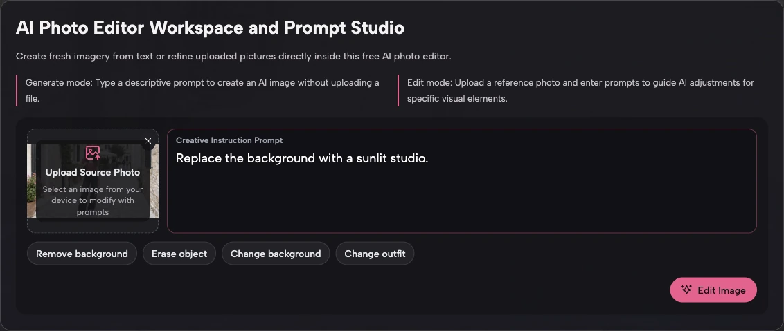 An uploaded reference photo and a background-change prompt in the editing workspace.